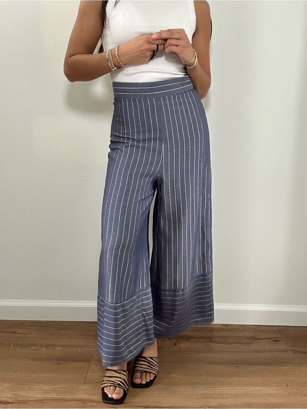 Amanda Uprichard Blue High-Waist Pinstripe Wide-Leg Pants Size S